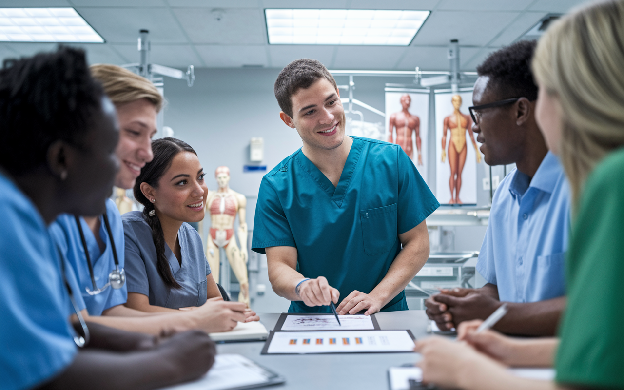 An enthusiastic young medical resident in scrubs, leading a small group of students in a clinical training session. The scene is set in a hospital room, where they are surrounded by medical equipment and anatomical models. The resident is pointing to a chart while explaining a concept, and the students, a mix of genders and ethnicities, are engaged, asking questions, and taking notes. The lighting is bright and clinical, showcasing a supportive learning environment.