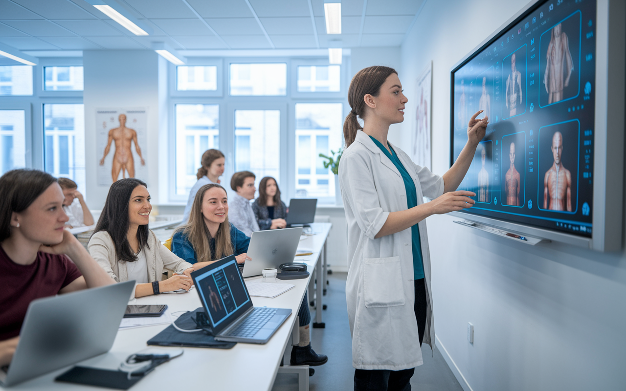 A modern classroom featuring a young medical educator using a smartboard to engage students with interactive multimedia presentations. Various devices like laptops and tablets are scattered on the desks, showing students actively participating in a virtual discussion. The room is bright, with large windows letting natural light in, and posters of human anatomy decorate the walls, creating a dynamic learning atmosphere.