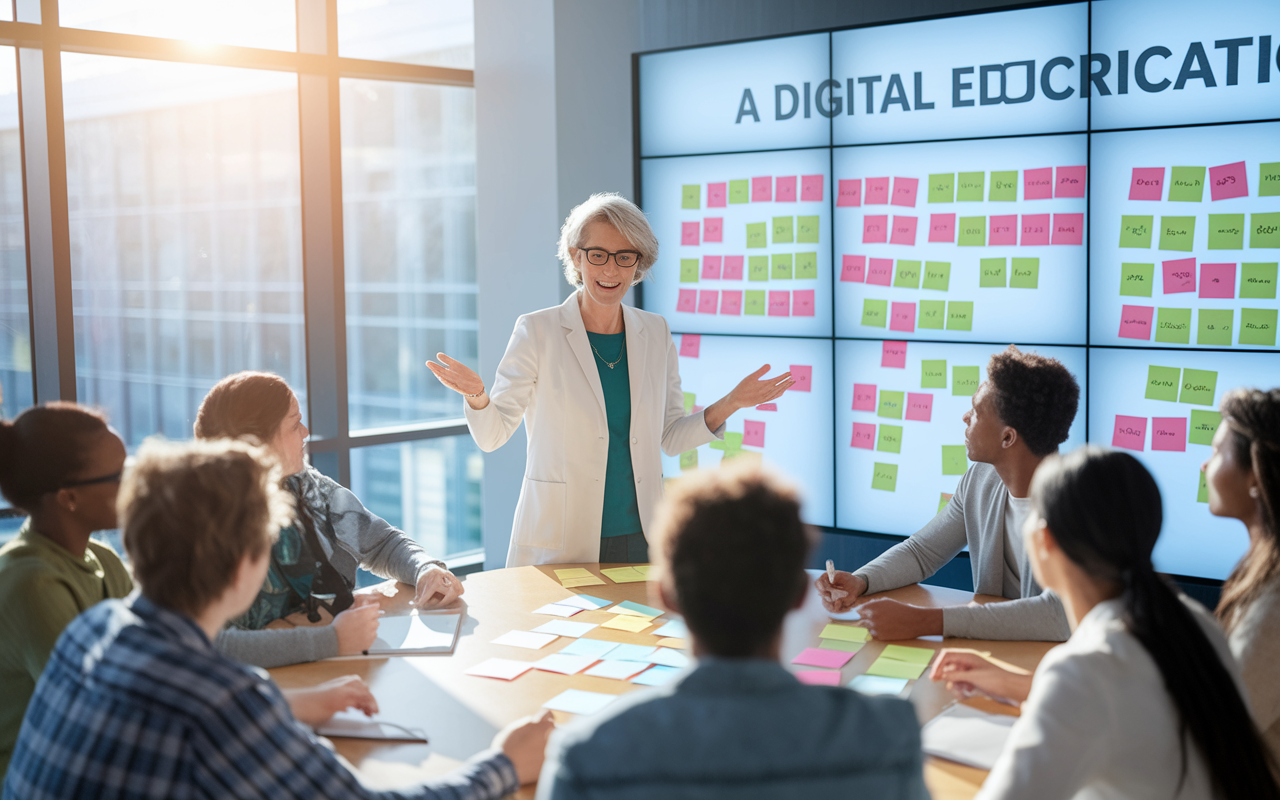 An educational setting where a medical education professor is designing a curriculum on a digital whiteboard, filled with post-it notes and colorful diagrams. The professor, a middle-aged woman with glasses, is enthusiastically explaining concepts to a diverse group of students seated around a large round table. Bright sunlight pours in through large windows, creating an inspiring atmosphere of learning and collaboration in a modern educational facility.