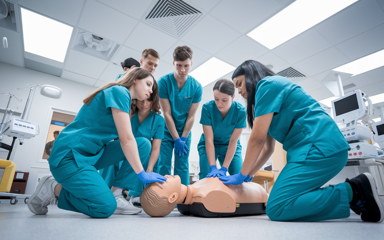 Medical students in scrubs practice hands-on clinical skills in a modern simulation lab. A group of students is gathered around a high-fidelity mannequin, learning how to perform CPR under the supervision of a professor demonstrating the techniques. The environment is bright, filled with medical equipment, emphasizing realistic learning experiences and teamwork in medical education.