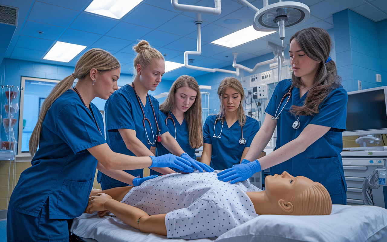 A high-energy medical simulation scenario where students are engaged in a lifelike emergency response drill with a realistic mannequin. Students exhibit determination, wearing scrubs and expressing teamwork while utilizing medical equipment. The room is designed to reflect a hospital, with bright lights and detailed props enhancing the critical learning experience.