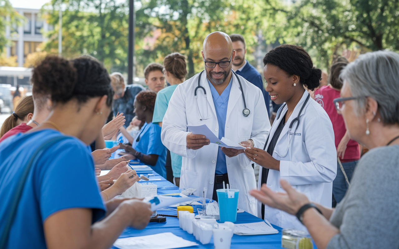 Medical education professors engaging medical students in a community health project, set in a vibrant outdoor environment. Students are participating in health awareness activities, like free health screenings and educational booths, interacting with community members. The atmosphere is lively and enlightening, reflecting their commitment to social responsibility and public health education.