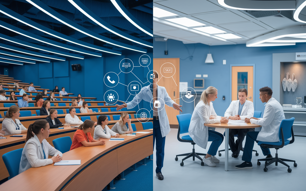 A split-scene illustrating different medical teaching methods: on one side, a lecturer using interactive technology such as polling apps in a large auditorium with engaged students, and on the other side, a small group of students discussing a case study around a table. The environment is modern and vibrant, with medical equipment and resources visible to emphasize the learning atmosphere.