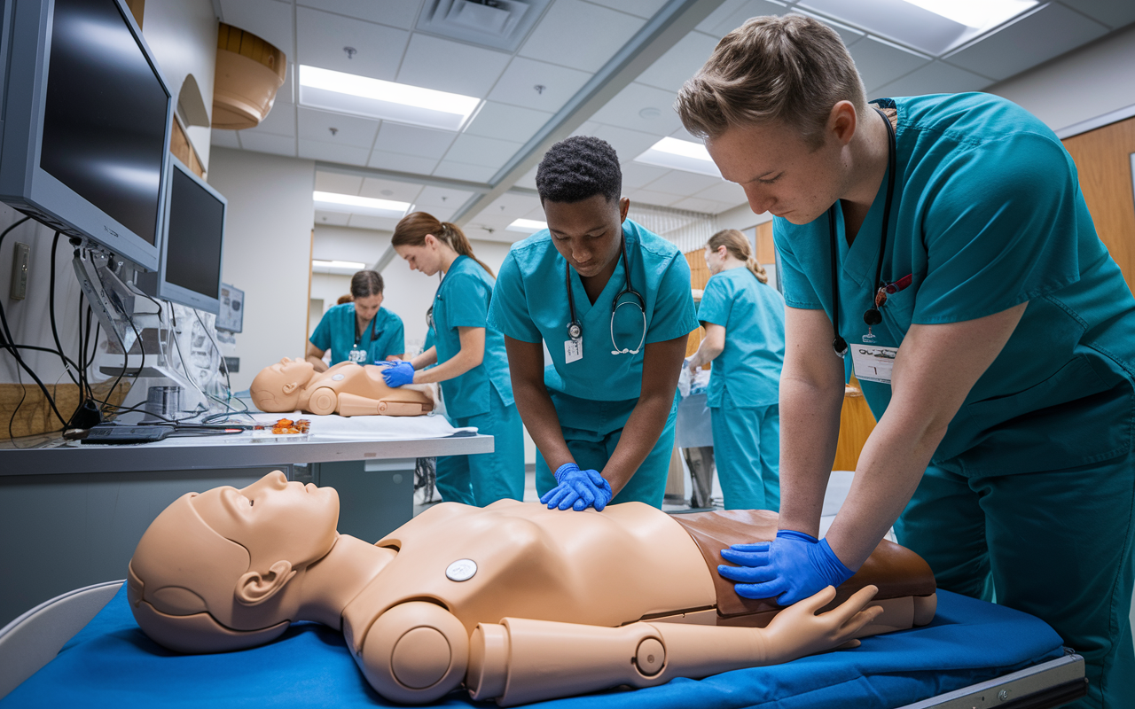 A realistic simulation lab where medical students practice on a high-fidelity manikin representing a patient. The environment is equipped with modern medical tools and monitors. Students, dressed in scrubs, are actively engaged, with one student performing CPR while another observes. The scene is well-lit, evoking a sense of urgency and seriousness in clinical training.