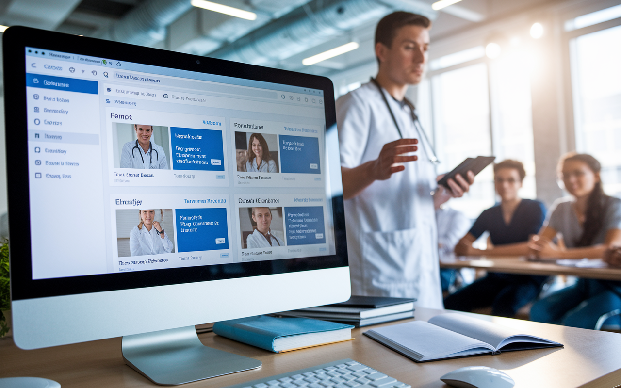 A display of a computer screen showing an online medical learning management system with various resources and discussion forums. In the background, a medical educator is demonstrating how to use the system to a group of attentive students in a modern classroom setting. Soft light enhances the tech-savvy, collaborative learning environment.