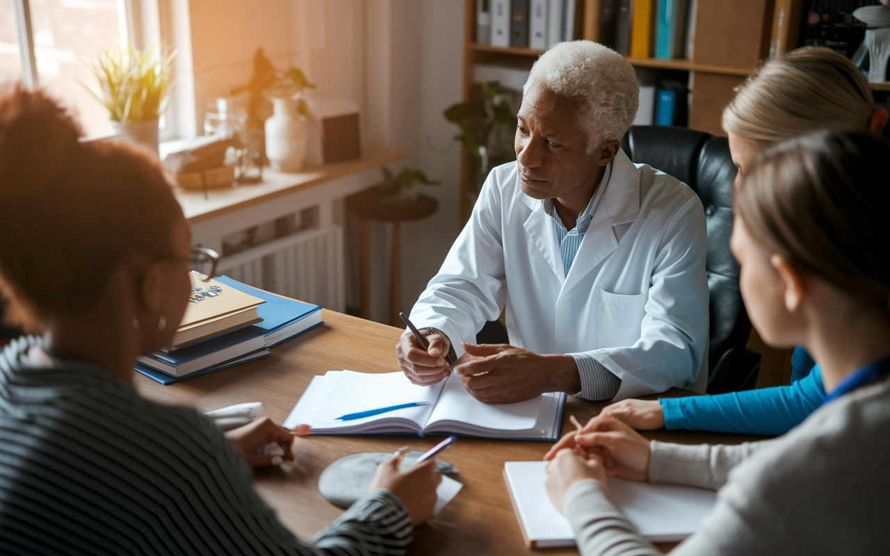 An experienced medical educator sitting in a cozy office, counseling students. The educator is attentively listening, with notes and a medical journal open on the desk. Students are engaged, expressing their concerns and discussing their goals. The space is filled with warm light, conveying a sense of trust and support.