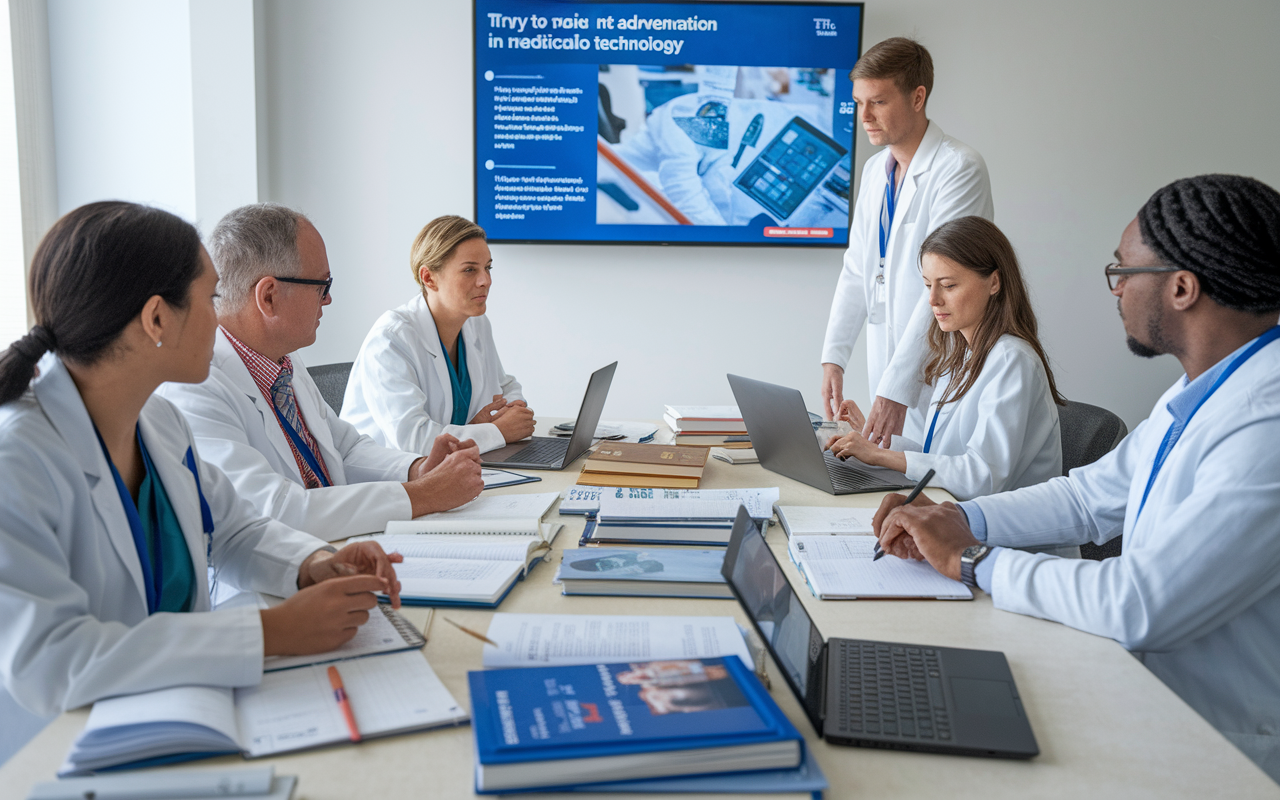 A group of medical educators engaged in a professional development workshop, seated around a large table filled with medical journals and textbooks. They are actively discussing the latest research findings, with laptops open and notepads filled with notes. A large screen in the background displays a presentation on recent advancements in medical technology, fostering a collaborative atmosphere.