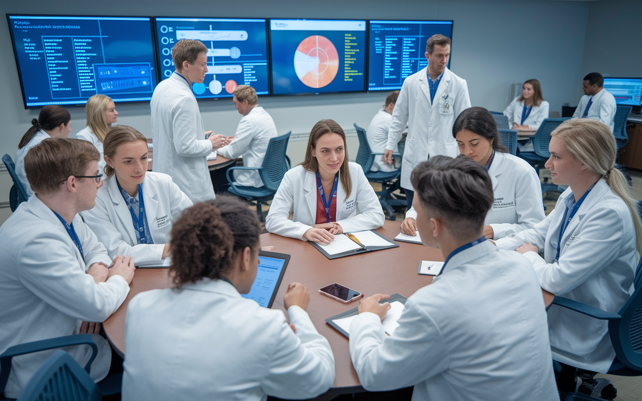 A dynamic classroom filled with medical students participating in a problem-based learning exercise. Students are in groups discussing a clinical case, surrounded by interactive screens with data and visual aids. The educator walks around the room, engaging with the groups, fostering an environment of collaborative learning, with expressions of curiosity and focus on students' faces.