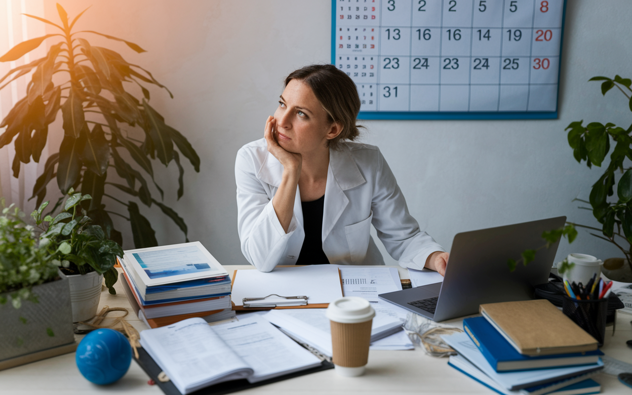 A medical educator at a cluttered desk surrounded by papers, a laptop, and medical textbooks, looking contemplative yet determined. The desk is adorned with self-care items—plants, a stress ball, and a coffee cup. A calendar on the wall marks various deadlines and events, illustrating the busy, multifaceted role of an educator. Soft, warm lighting creates an inviting workspace.