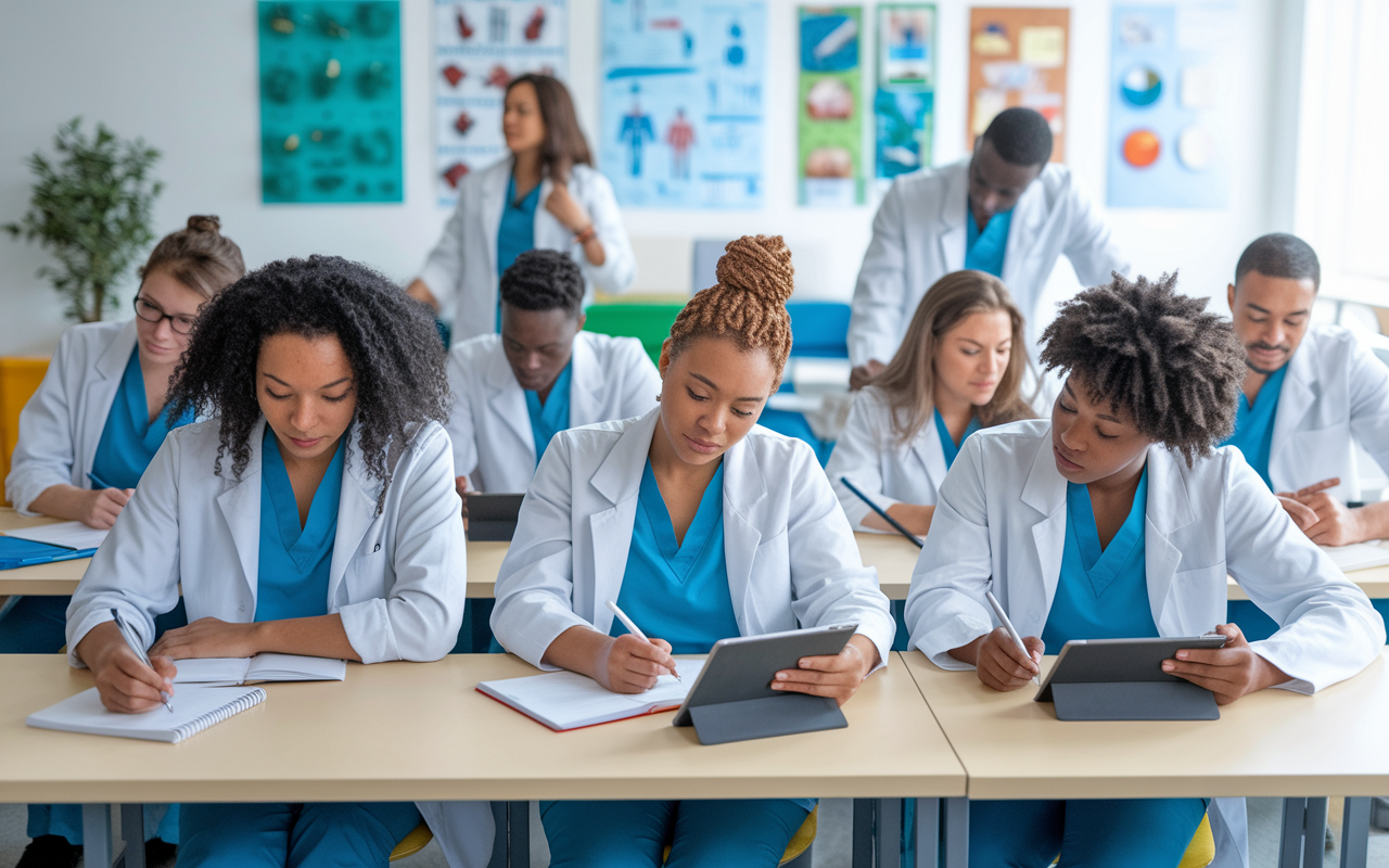 A diverse group of medical students engaged in a collaborative learning activity, showcasing various methods of learning—some taking notes, others using tablets, and a few engaged in hands-on simulation practice. The classroom is bright and colorful, adorned with various teaching aids like charts, models, and visual displays that cater to different learning preferences, promoting inclusivity and support.