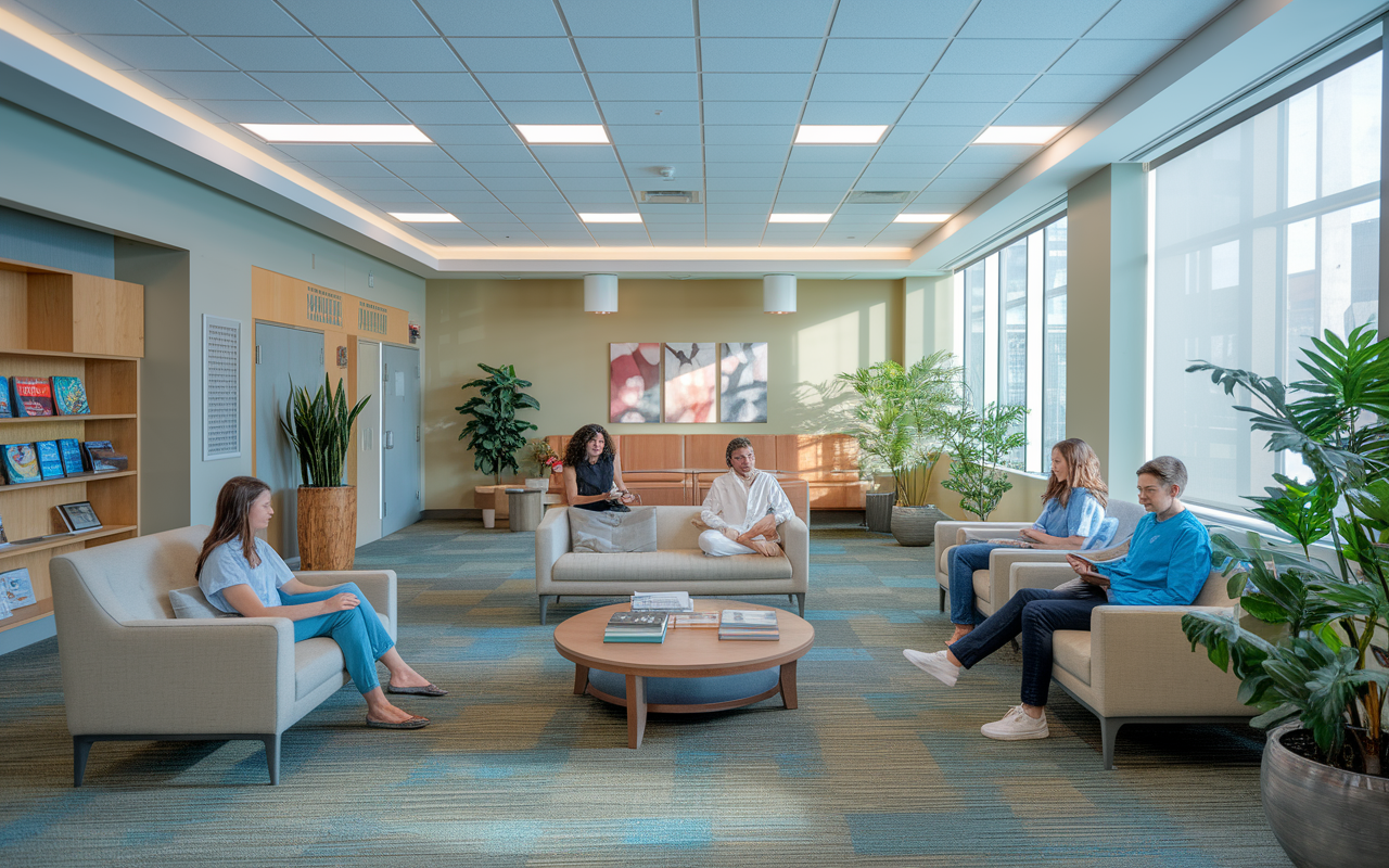 A serene space within a medical education facility dedicated to student wellness, featuring soft lighting, comfortable seating, and resource materials on mental health. Students engage in mindfulness exercises while others relax with peer support, showcasing an environment focused on mental well-being and community support. Calming decor and plants enhance the atmosphere of tranquility.