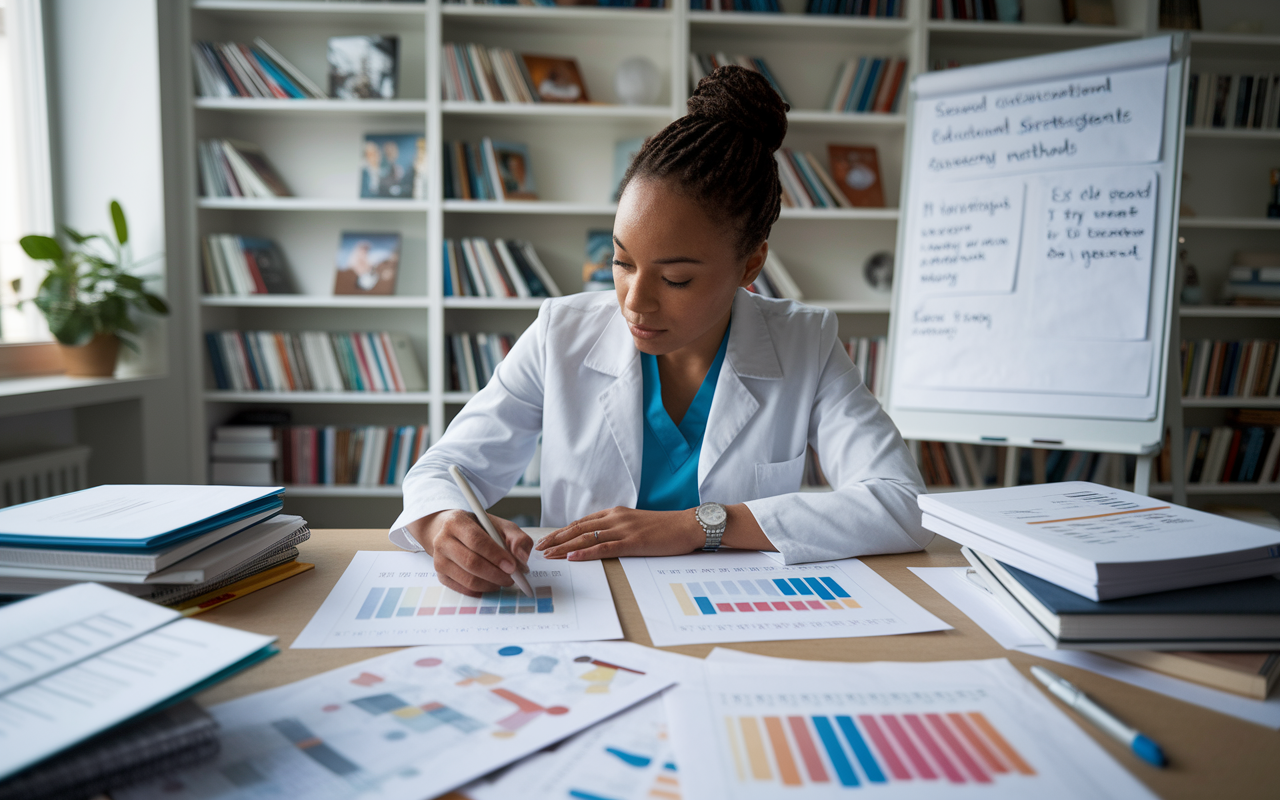 A focused medical educator at a desk covered with assessment papers and textbooks, brainstorming ideas for effective assessments. The environment is quiet, with bookshelves lined with educational materials in the background. A whiteboard displays different educational strategies and assessment methods. The educator, with a look of concentration, is jotting down notes and ideas to create impactful evaluation tools.