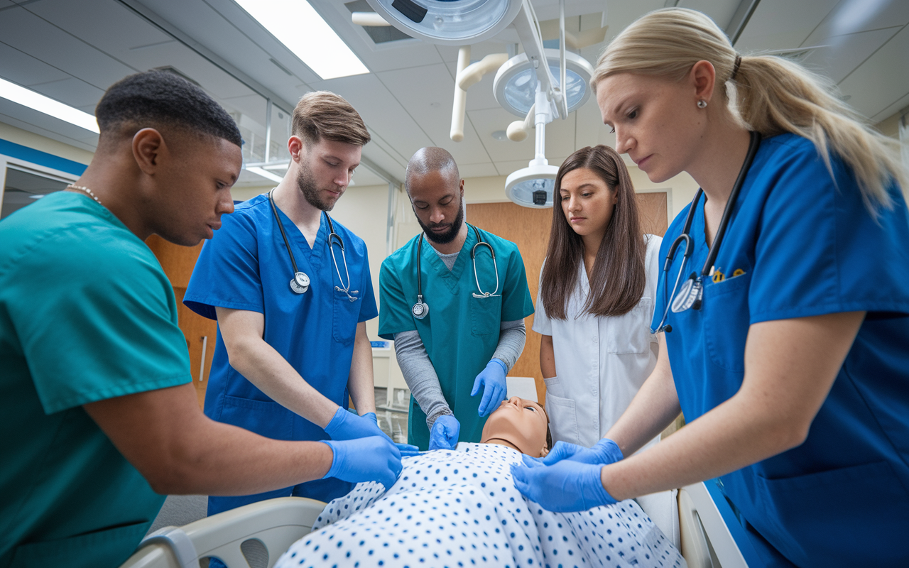 Medical students in clinical scrubs engaged in a simulation exercise, working with interprofessional team members—doctors, nurses, and allied health professionals. They are gathered around a patient mannequin in a well-equipped simulation lab, utilizing advanced medical technology. The atmosphere is dynamic and educational, showcasing teamwork, communication, and practical application of their learned knowledge.