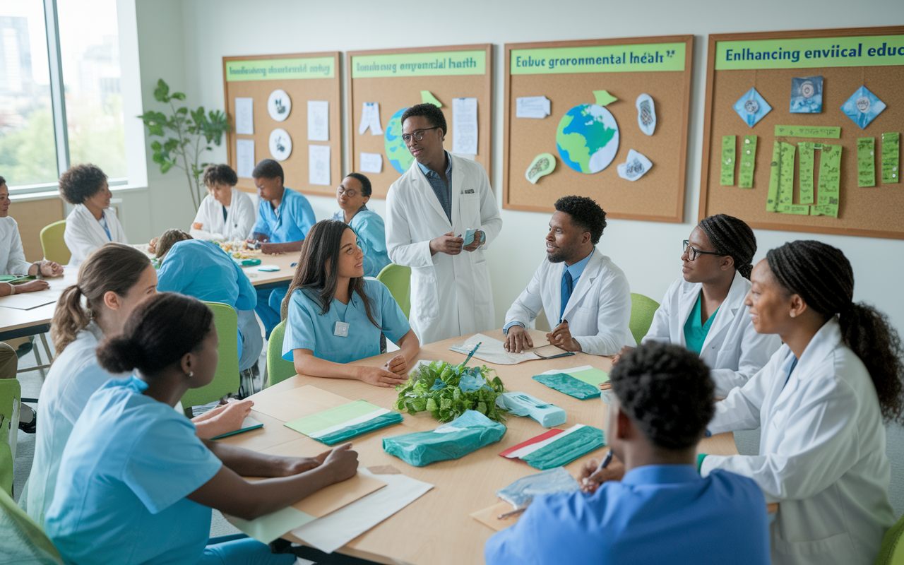 Medical educators and students participating in a workshop focused on sustainability in healthcare. They are gathered around tables filled with eco-friendly materials, discussing ways to implement green practices in medical education. Visual aids about reducing waste and enhancing environmental health are displayed on bulletin boards, promoting an atmosphere of innovation and responsibility toward the environment.