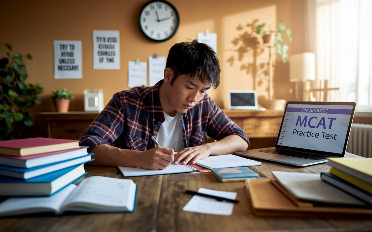 A determined student taking a diagnostic MCAT practice test, seated at a large wooden table cluttered with study materials. The student, a young Asian male, writes notes intensely as a clock ticks in the background, implying the pressure of time. Beside him, a laptop displays a practice test interface. The room is warmly lit, inspiring focus, with motivational quotes and study schedules pinned visibly on the walls.