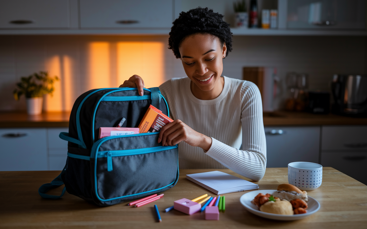 A young woman, looking calm and composed, sitting at her kitchen table the night before the MCAT. She is methodically packing her backpack with essential exam items: pencils, erasers, and snacks. There’s a nourishing breakfast laid out beside her, and a calendar marked with the exam date in the background. The warm evening light casts a peaceful glow, emphasizing the preparations and anticipation of the big day.