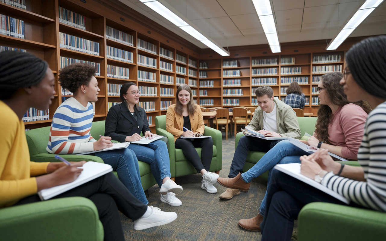 A diverse panel of students sitting in a cozy library setting, each engaged in a Q&A session while preparing for the MCAT. The room is filled with bookshelves full of reference materials, bright overhead lights providing clarity, and students eagerly taking notes while discussing their concerns and strategies. The interactions depict a supportive environment, emphasizing collaboration and shared learning.