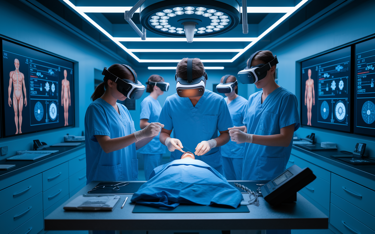 Students in a sleek, modern classroom engaging in virtual reality training, practicing surgical procedures using VR headsets, surrounded by interactive screens displaying human anatomy, high-tech workstation with medical equipment, the atmosphere is focused yet energetic, emphasizing modern educational methods.