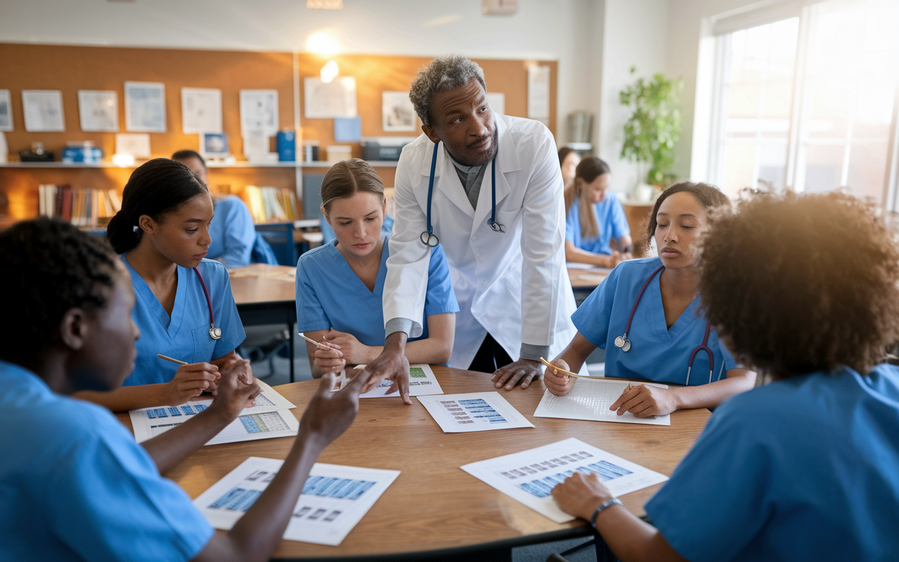 An instructor guiding a diverse group of medical students in personalized learning sessions, discussing patient care scenarios, each student is engaged and participating actively, classroom filled with charts and educational resources, warm lighting creating an inviting environment that fosters collaboration.