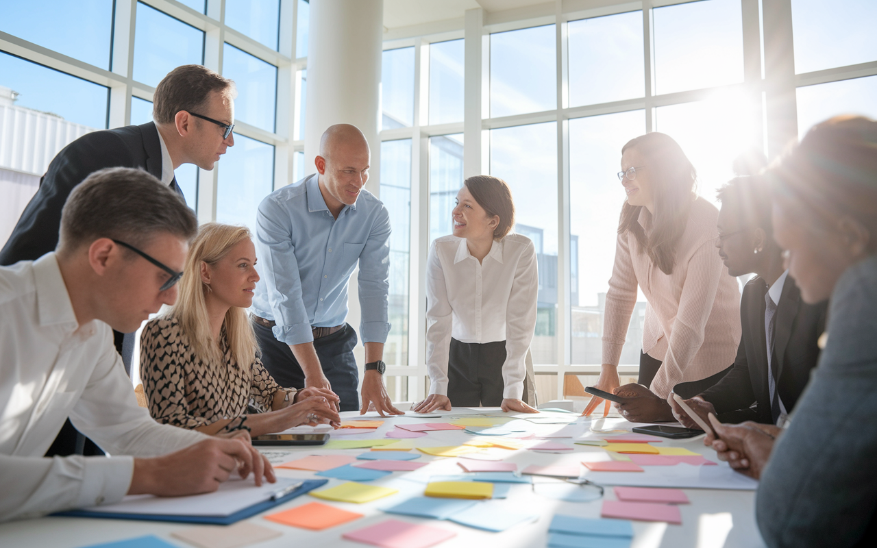 A group of enthusiastic new professors brainstorming innovative curriculum ideas in a modern conference room filled with whiteboards, colorful notes, and digital devices, sunlight pouring in, creating an atmosphere of creativity and innovation, all focused on shaping modern medical education.