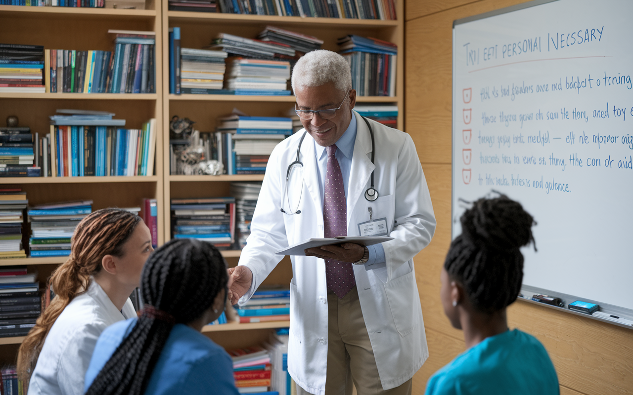 A seasoned professor mentoring a small group of medical students in an inviting office filled with books and educational materials, the atmosphere is encouraging and supportive, with a whiteboard displaying helpful insights and strategies, emphasizing personal growth and guidance.