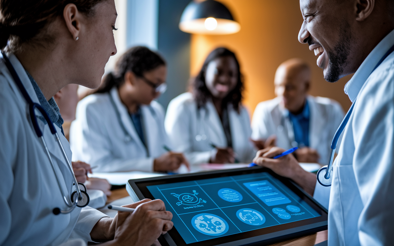 A close-up of a passionate medical educator leading a seminar, surrounded by engaged medical students. The instructor uses an interactive whiteboard showing diagrams and teaching materials while students take notes and ask questions. The atmosphere is vibrant and collaborative, with warm lighting highlighting their expressions of curiosity and dedication to learning.