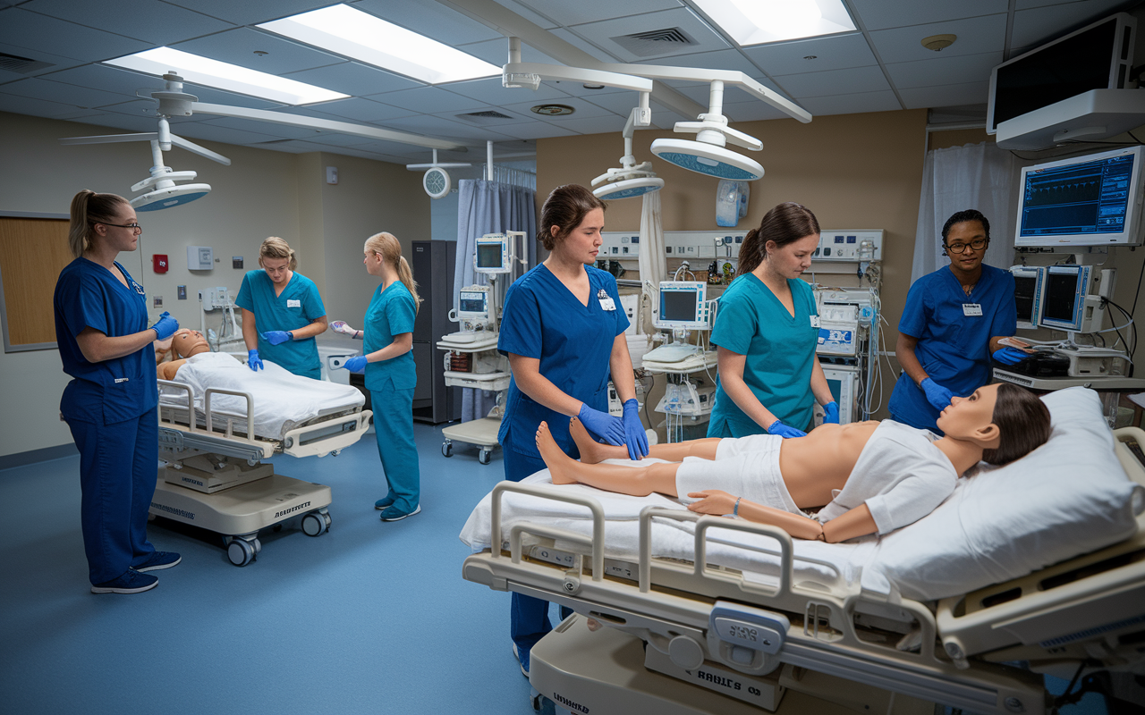 A simulation room in a hospital where healthcare professionals are practicing skills on lifelike manikins. Medical educators guide trainees as they engage in high-pressure scenarios. The room is filled with advanced medical equipment, and the atmosphere is intense yet constructive, showcasing the hands-on nature of medical training through simulation.