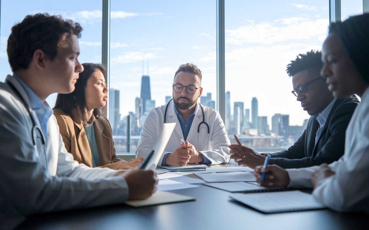 A thoughtful group of aspiring medical educators gathered around a conference table, reviewing fellowship program materials and discussing applications. A large window with the skyline visible in the background provides natural light, casting soft shadows on their focused faces as they collaborate on strategies for pursuing opportunities in medical education.