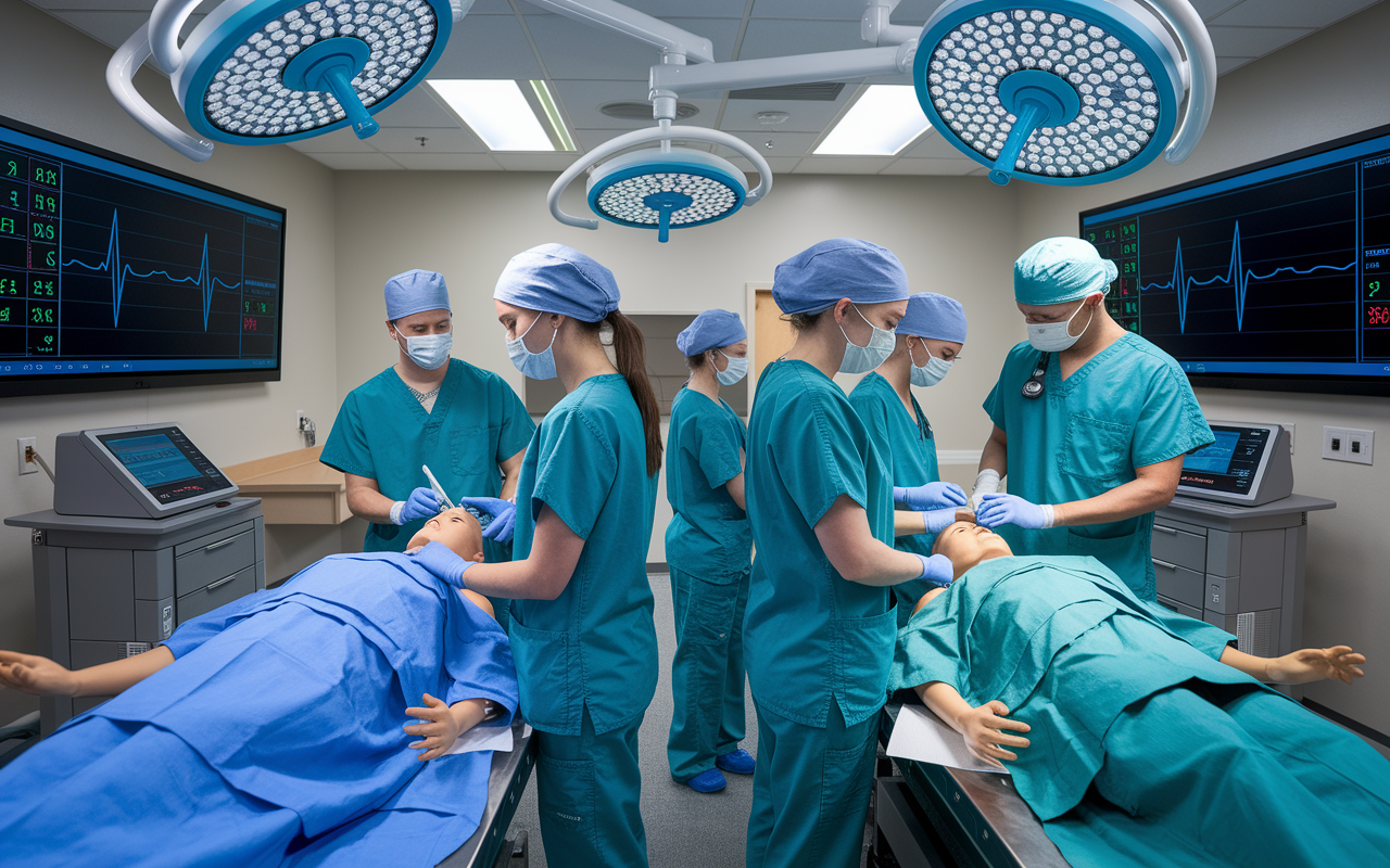 A high-tech simulation lab where medical students practice surgical techniques on advanced mannequins. The room is equipped with large screens displaying vital signs and instructional materials. Students, wearing scrubs and focused expressions, are seen engaging with the equipment under the guidance of their instructor, a medical educator demonstrating procedures. The setting is well-lit with realistic details showcasing the intensity and innovation of medical training.