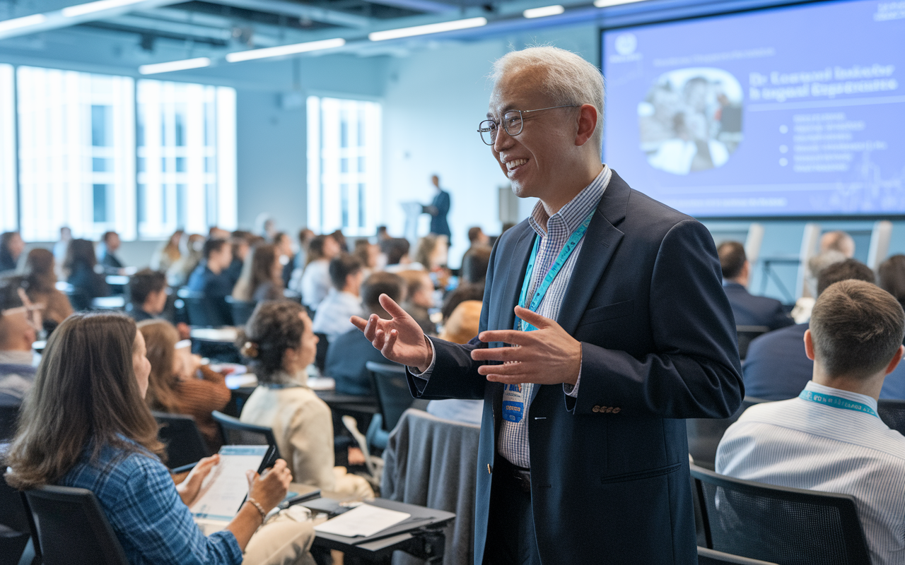 A conference room where Dr. Lee, a distinguished medical educator, presents his groundbreaking research on early clinical exposure to an engaged audience of peers. The setting is filled with attendees, taking notes and asking questions, with visual aids displayed on a large screen. The room is bright, fostering a sense of academic collaboration and excitement about advancing medical education.