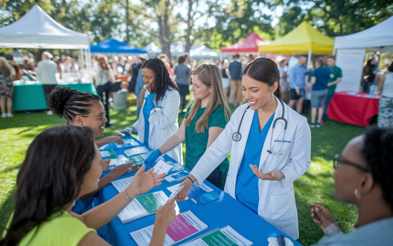 A vibrant community health fair set in a sunny park, bustling with activity. Dr. Ramirez, an enthusiastic medical educator, leads a group of medical students as they engage with community members, providing health screenings and distributing informational pamphlets. Colorful booths display health resources, with people of all ages interacting and receiving assistance. The bright atmosphere conveys a sense of community, empowerment, and healthcare awareness.