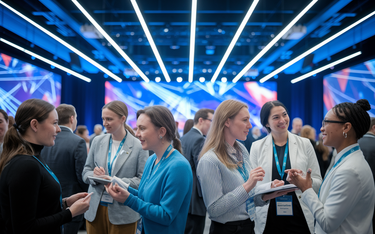 A group of diverse medical educators attentively participating in a vibrant conference hall, with a large presentation screen displaying the latest medical technologies. The educators, a mix of genders and ethnicities, are engaged in conversation, taking notes, and networking with each other. Bright fluorescent lights illuminate the modern venue, creating an ambiance of excitement and innovation.