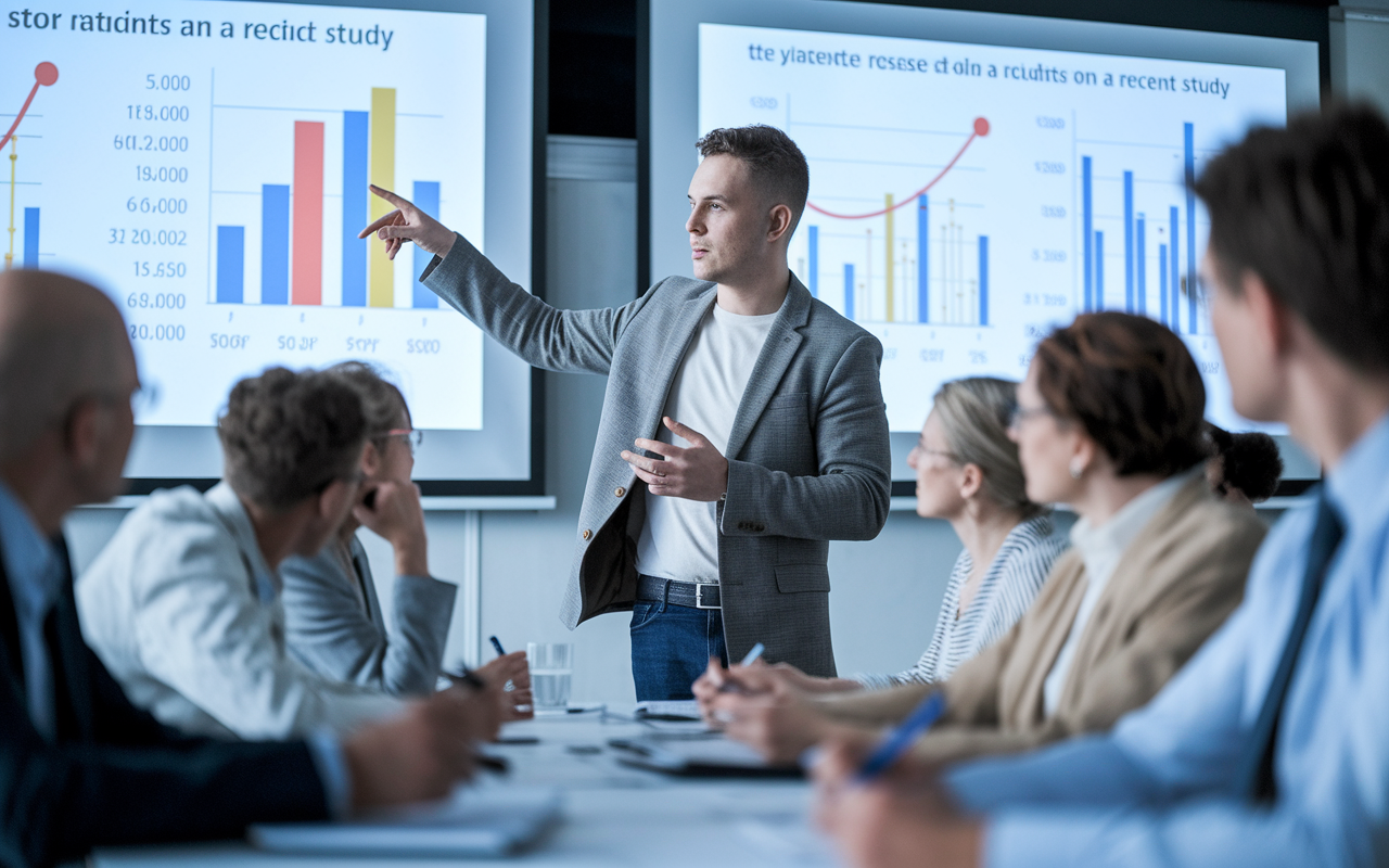 A focused medical educator presenting research findings to an audience at an academic conference, with slides showcasing data and results from a recent study. The educator, a young man wearing a blazer, points to a chart on the screen while engaged participants take notes. The atmosphere is professional yet welcoming, with attendees reflecting curiosity and interest.