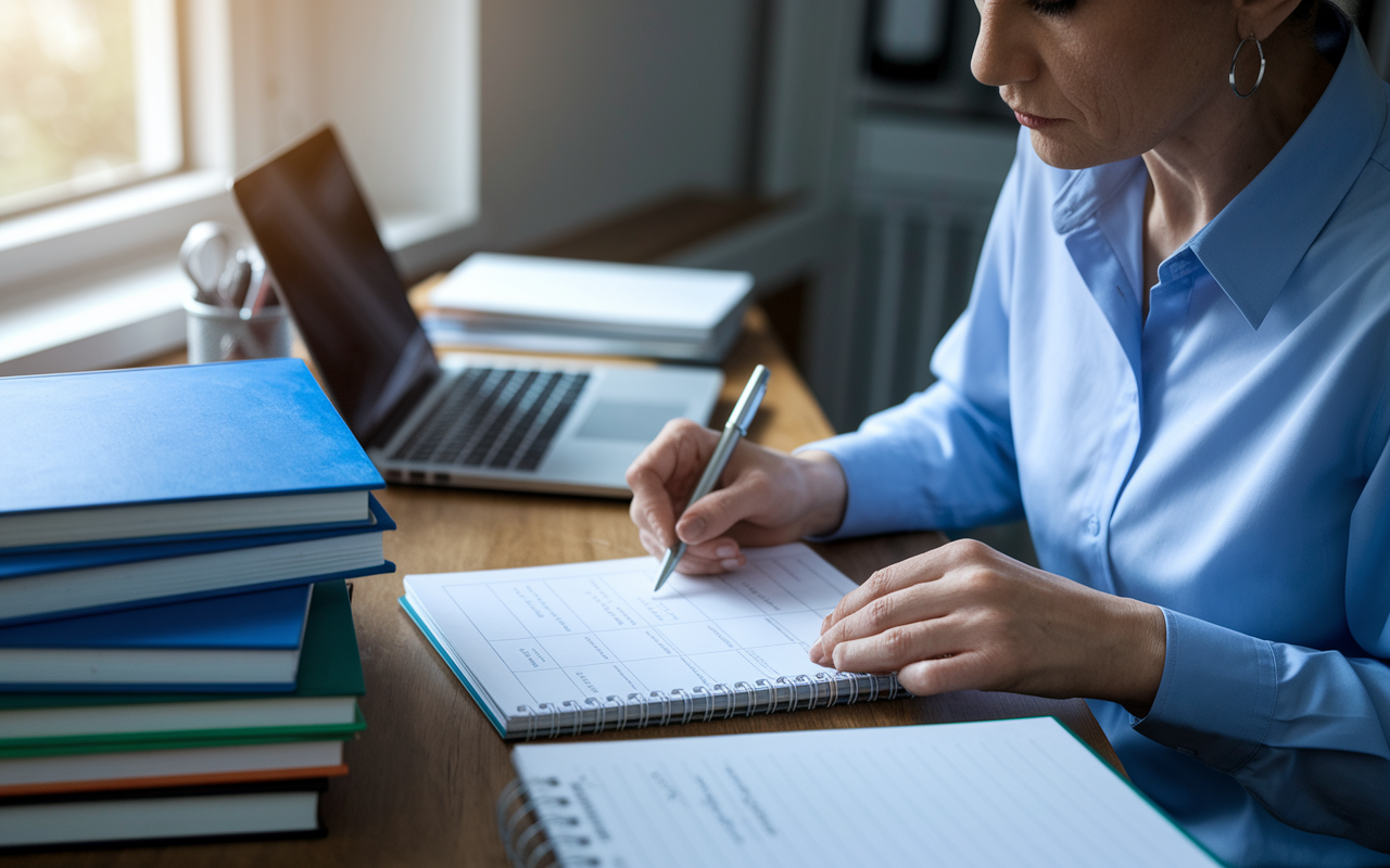 A focused medical educator reviewing their schedule at a desk cluttered with books and a laptop. The educator, a middle-aged woman with a professional appearance, is using a planner to balance teaching, clinical time, and CPD activities. The soft light from a nearby window creates a sense of diligence and dedication.