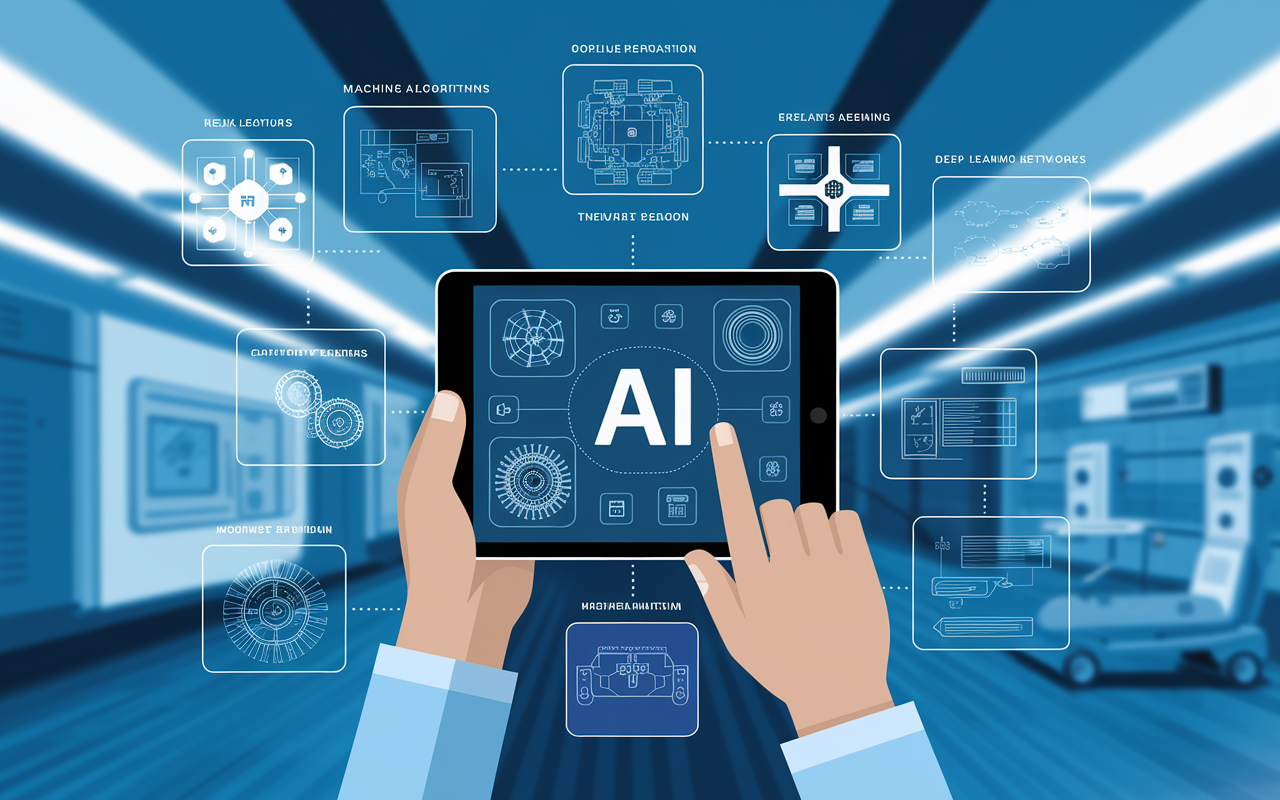 An illustration depicting the critical components of AI in healthcare. Visualize a hand holding a tablet displaying complex algorithms and data, surrounded by graphics of machine learning processes, robotics, and deep learning networks. The background features a blurred hospital environment, emphasizing the technological integration within medical settings. Bright and encouraging colors reflect innovation and potential, creating a compelling contrast with the clinical backdrop.