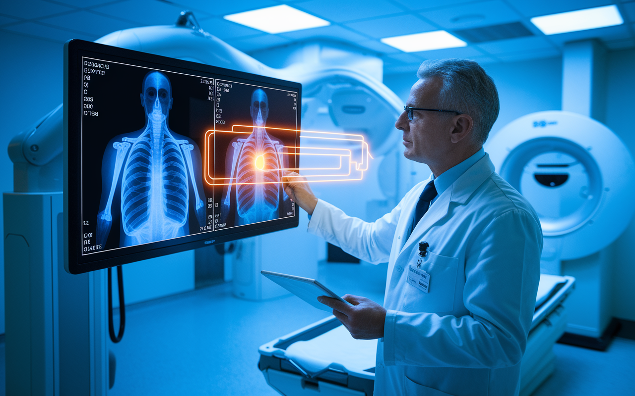 A dynamic scene inside a radiology department where an AI system is analyzing an X-ray image on a digital screen. The radiologist, a middle-aged professional, studies the screen intently while AI highlights potential anomalies like a tumor in glowing outlines. The room is equipped with advanced imaging machinery, and soft blue lighting creates a calm yet focused atmosphere. Convey a sense of precision and innovation in medical diagnostics.