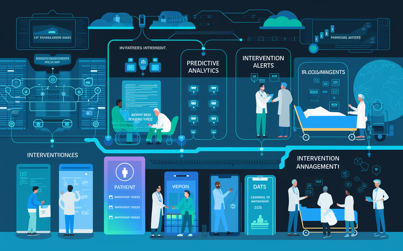 An infographic-style illustration showing the importance of predictive analytics in patient management. Visual elements depict a flow of data analysis from patient records to intervention alerts, with graphical representations of patients and healthcare providers responding to the incoming data. The background showcases a hospital setting with various departments interconnected by data lines, symbolizing the integration of AI in improving patient outcomes. A modern, tech-focused color palette emphasizes innovation.