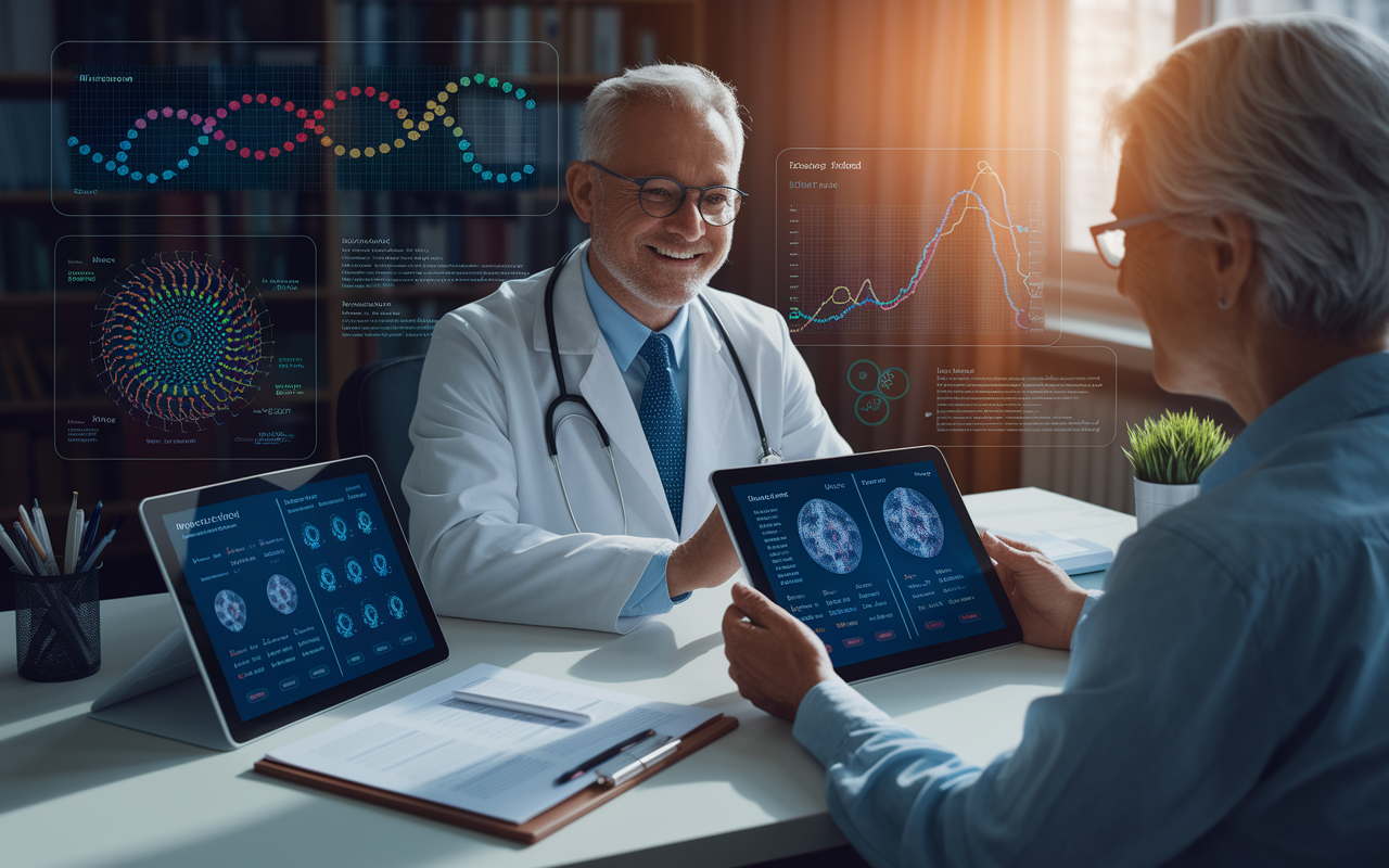 A visually engaging composition of a healthcare setting where a physician is consulting with a patient using tablets that display personalized treatment plans generated by AI. Elements include genome sequence graphics, patient data, and customized medication schedules on-screen. The office is warmly lit, fostering a feeling of comfort and trust. The imagery captures the essence of personalized healthcare made possible through AI.