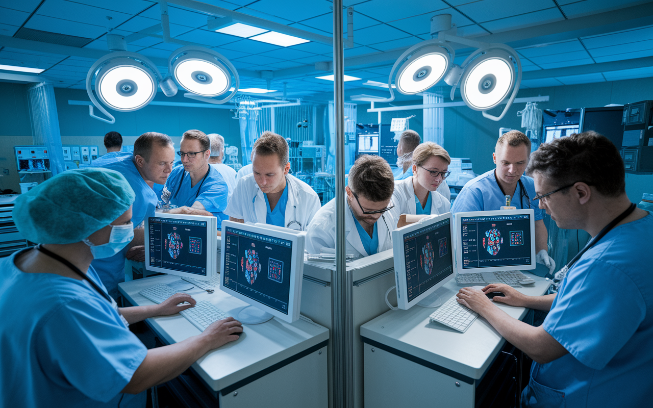 A busy hospital ward scene where healthcare providers use AI decision support systems on computers to evaluate patient care options. Clinicians are gathered around a digital display with patient data analytics and treatment guidelines visible. The atmosphere is collaborative, with bright overhead lights and medical equipment in the background, symbolizing the integration of AI in clinical workflows. The image reflects urgency, teamwork, and cutting-edge technology.