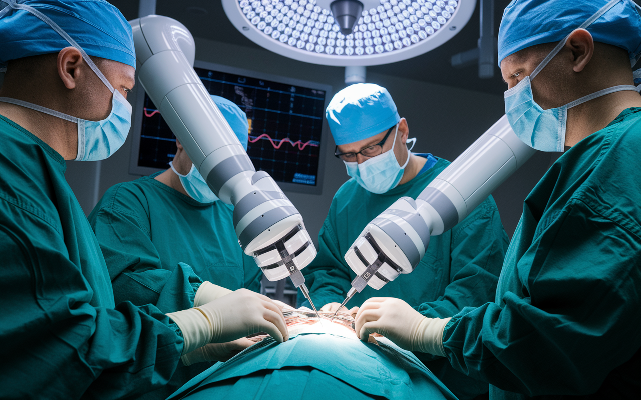 A close-up of a robotic surgical system in action, featuring a collaborative surgical team around it. A high-definition monitor displays surgical visuals while robotic arms are delicately maneuvering through the patient, showcasing the advanced technology in use. The operating room is bustling yet controlled, with surgeons concentrated on the task, emphasizing teamwork and precision in modern medicine.