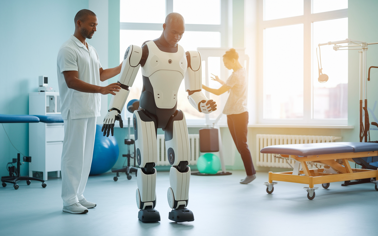 A rehabilitation robot helping a patient with mobility challenges walk again. The patient wears an exoskeleton suit, slowly taking steps with assistance from the robotic device. The room is bright and encouraging, filled with physical therapy equipment. A clinician stands nearby, offering support and guidance. The atmosphere conveys hope and determination, capturing the essence of recovery and technological advancement in rehabilitation.