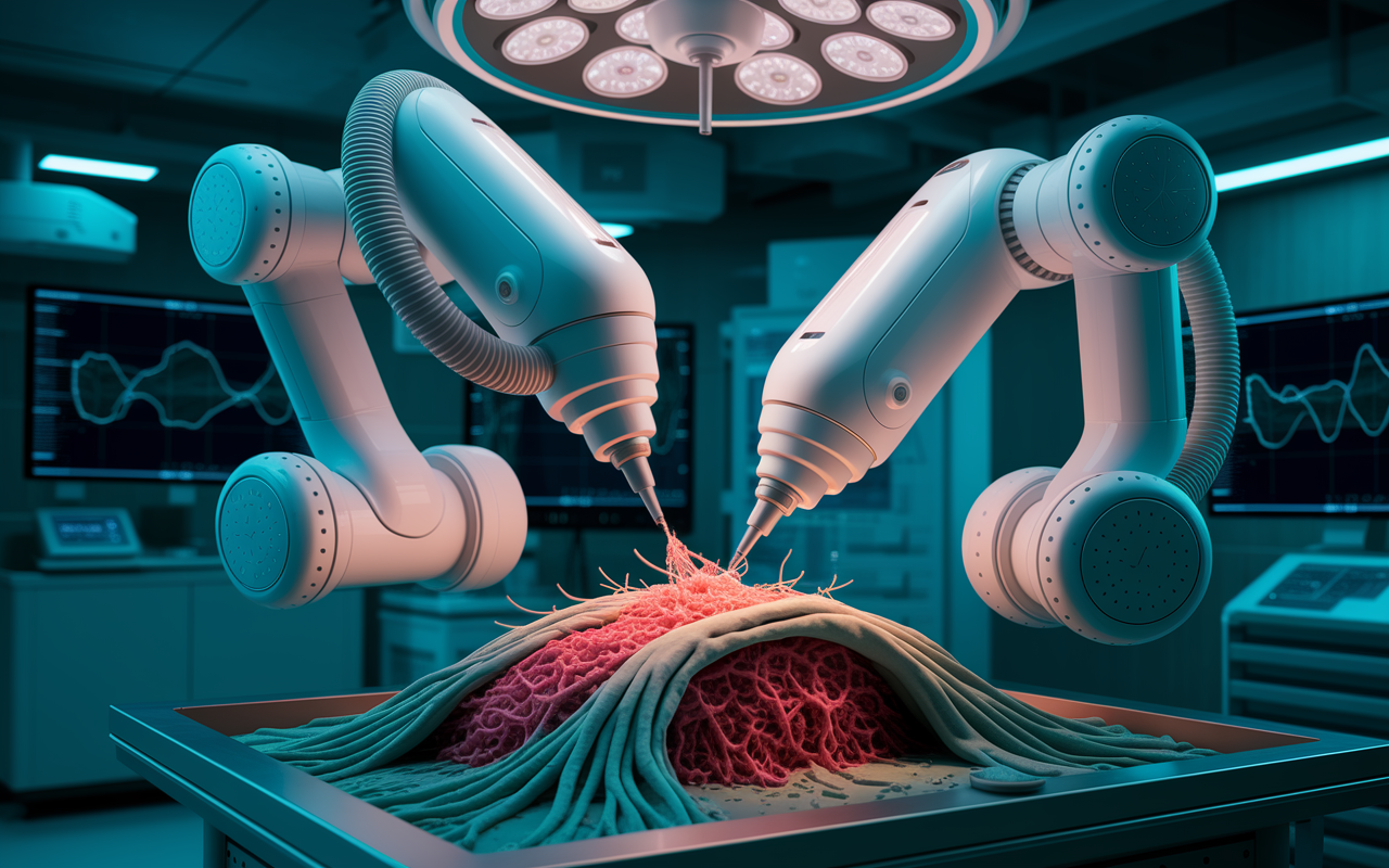 A soft robotic device designed for delicate surgical applications, gently handling delicate tissues. The robot is shown in a controlled surgical environment, with flexible, soft materials adapting to the structure of the tissue it works on. The surroundings are sophisticated and clinical, showcasing the future of surgical interventions that prioritize patient safety and comfort.