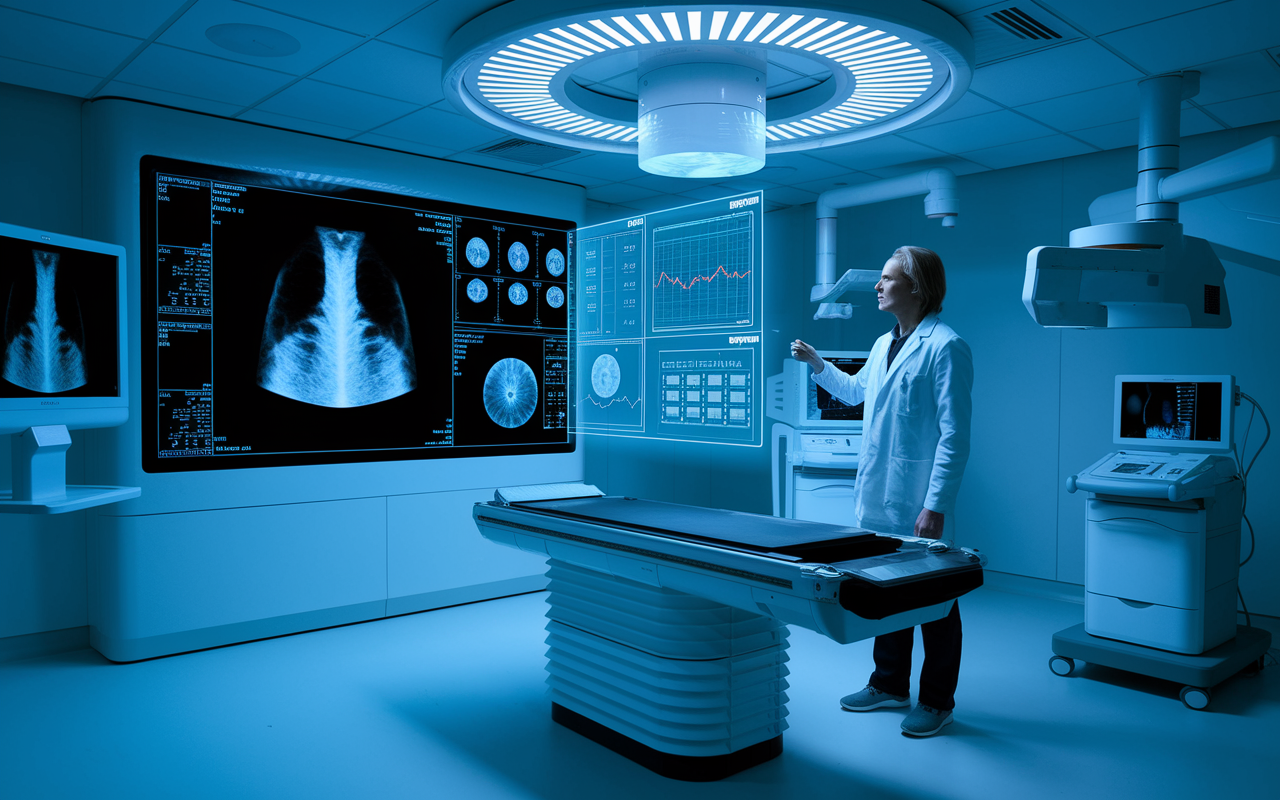 An advanced medical imaging laboratory where an AI-driven diagnostic tool examines a digital mammogram on a large screen. The room is filled with high-tech equipment, with a radiologist observing the results. A holographic display shows detailed analytics and potential diagnoses alongside the mammogram image. Soft, focused lighting highlights the sophisticated technology while creating a calm and professional atmosphere showcasing the revolutionary role of AI in diagnostics.