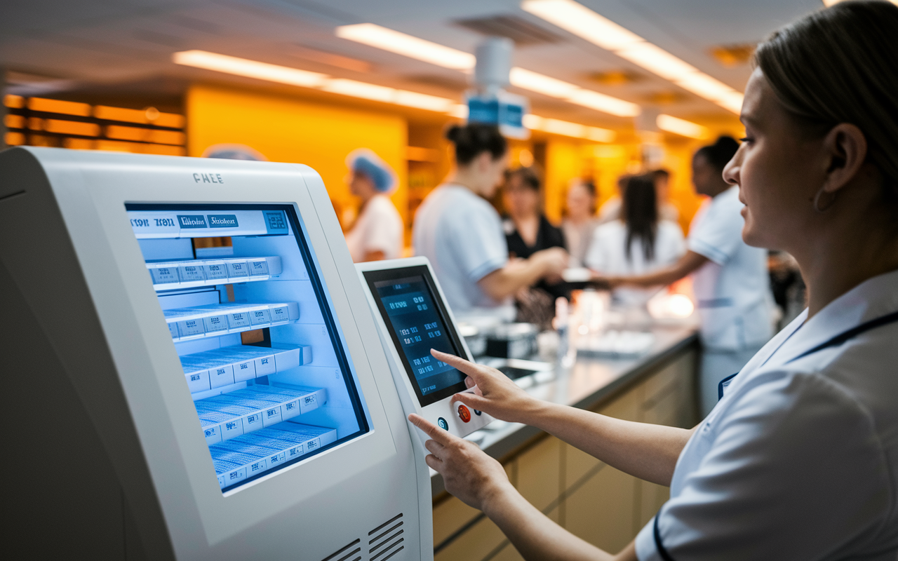 A healthcare setting featuring a high-tech automated medication dispensing system, with nurses interacting with a touchscreen interface. The machine is sleek and modern, with compartments for various medications clearly labeled. In the background, there is a busy nursing station with staff efficiently managing patient care. Warm, ambient lighting fills the space, emphasizing the effectiveness of automation in enhancing safety and efficiency in medication management.