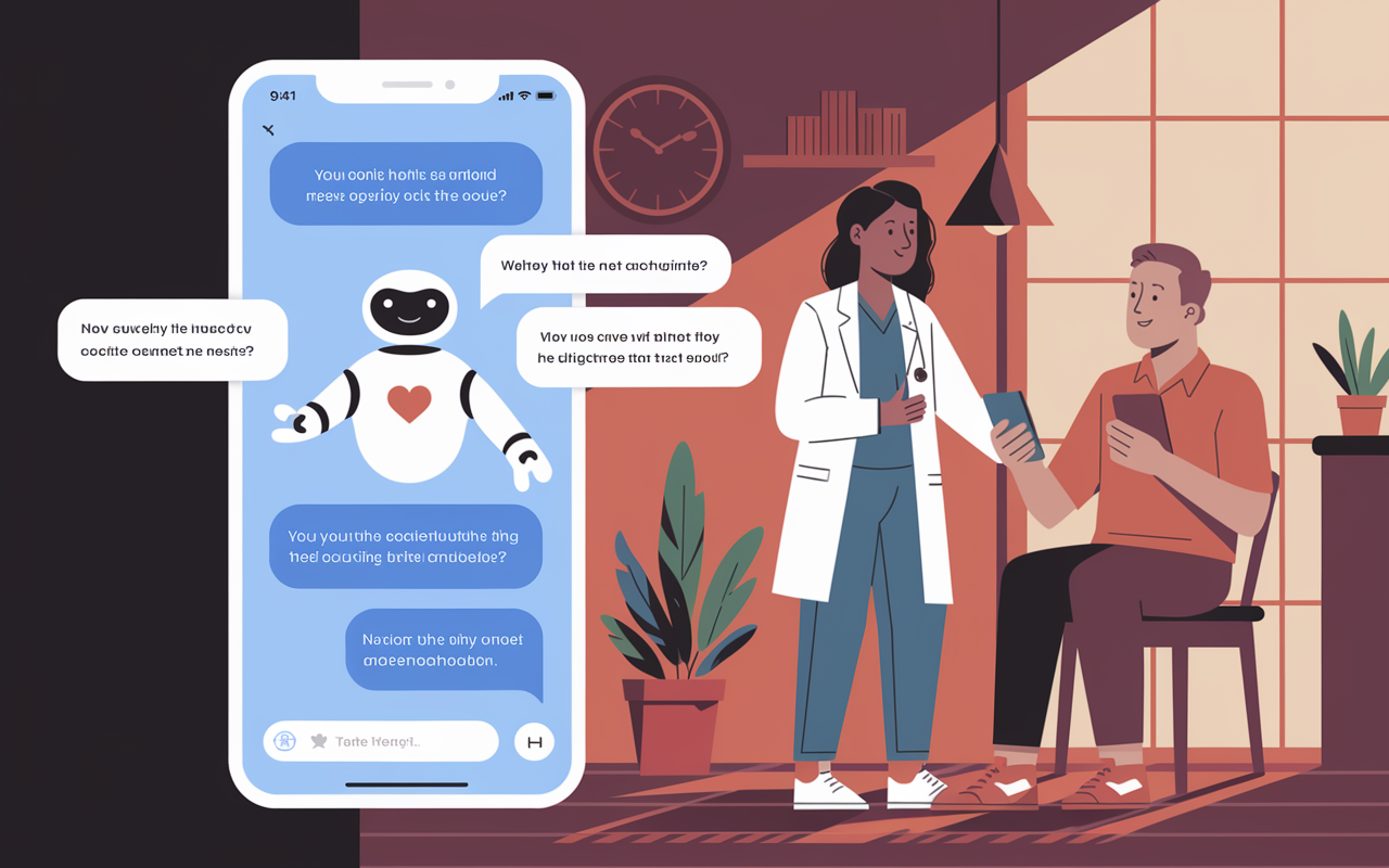 An illustration of a smartphone displaying a health-focused chatbot application in action. The screen shows a dialogue between the patient and the chatbot, with visual elements indicating health inquiries and responses. In the background, a friendly nurse interacts with a patient in a cozy clinic setting, emphasizing the connection between traditional healthcare and technology. Warm, inviting lighting highlights the modern and accessible nature of digital health communication.