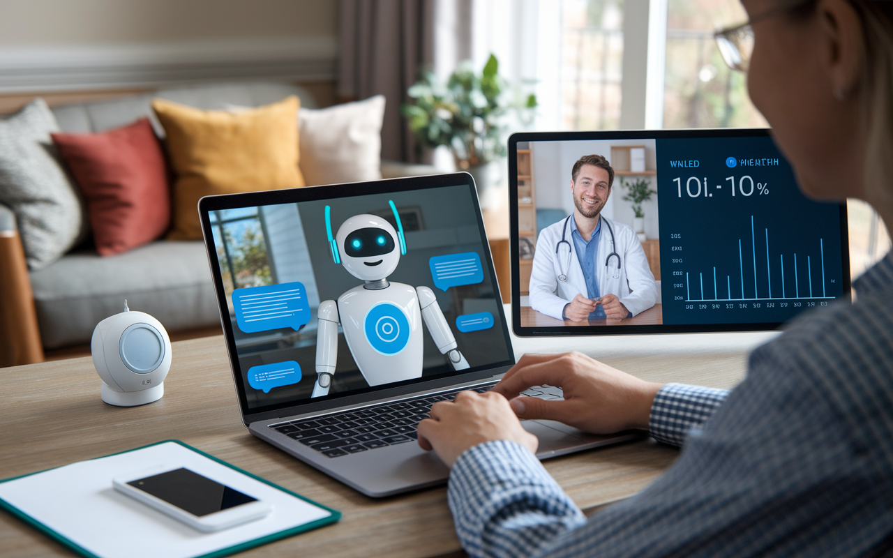 A composite image showing a patient interacting with a chatbot interface on a laptop while engaged in a telehealth video call with a doctor. The setting is a well-lit home office, with warm and cozy decor, showcasing the digital health revolution. A second screen displays data from a health monitoring device nearby, emphasizing the integration of technology for better healthcare management.