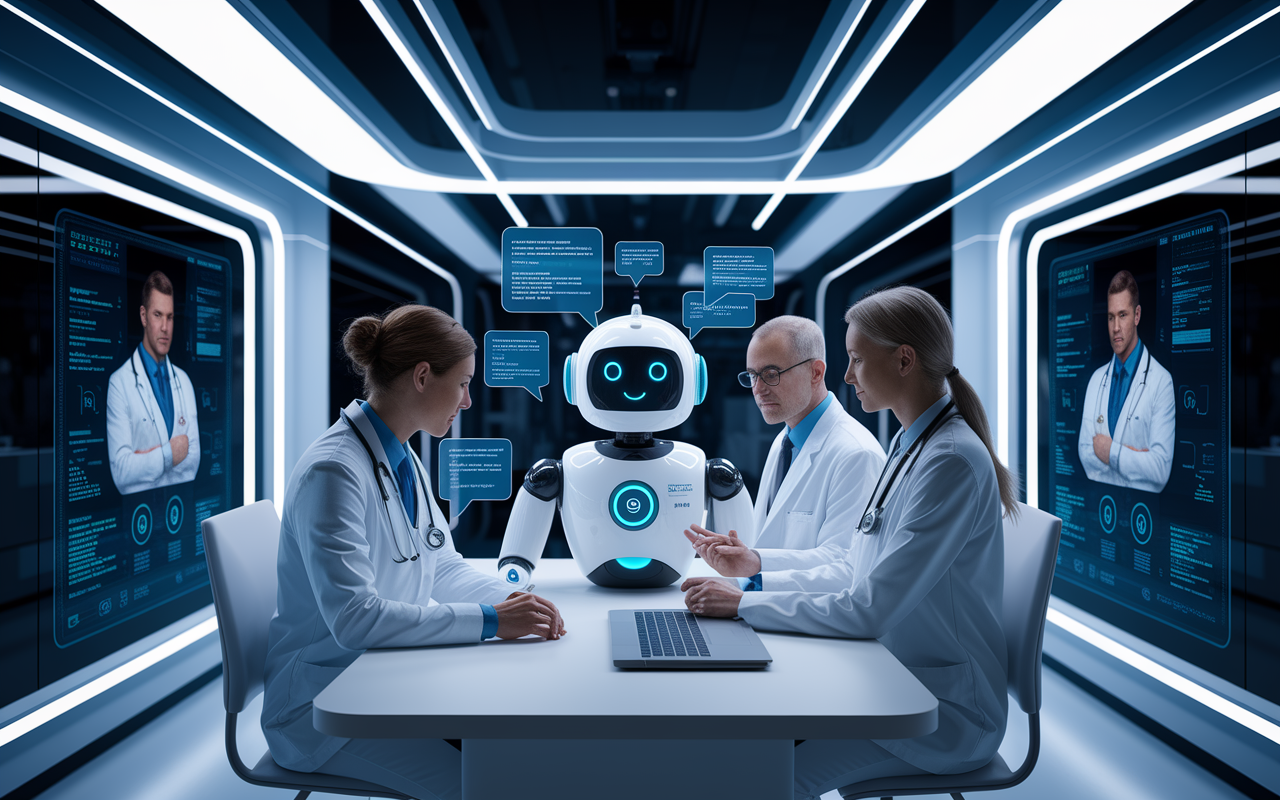 A dynamic scene illustrating futuristic healthcare technology, where an AI chatbot is shown collaborating with healthcare providers in a high-tech clinic. The environment is sleek and modern, with digital screens displaying patient data and virtual communications between doctors. The chatbot appears humanoid and engaging, symbolizing the advancement of AI in managing patient interactions. Soft, futuristic lighting enhances the cutting-edge vibe of the space.