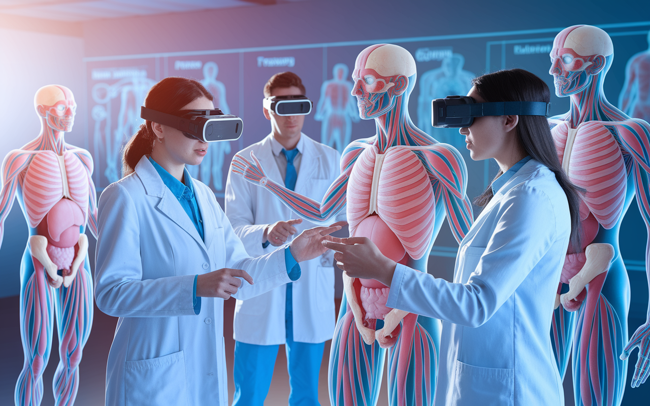 An educational setting where medical students are engaging with augmented reality models of human anatomy through head-mounted displays. The room is filled with interactive 3D holograms of organs and muscles, allowing students to rotate and examine them from multiple angles. The atmosphere is collaborative, with students discussing and pointing at the digital representations, bright lighting enhancing the vivid visuals of the AR technology in action.