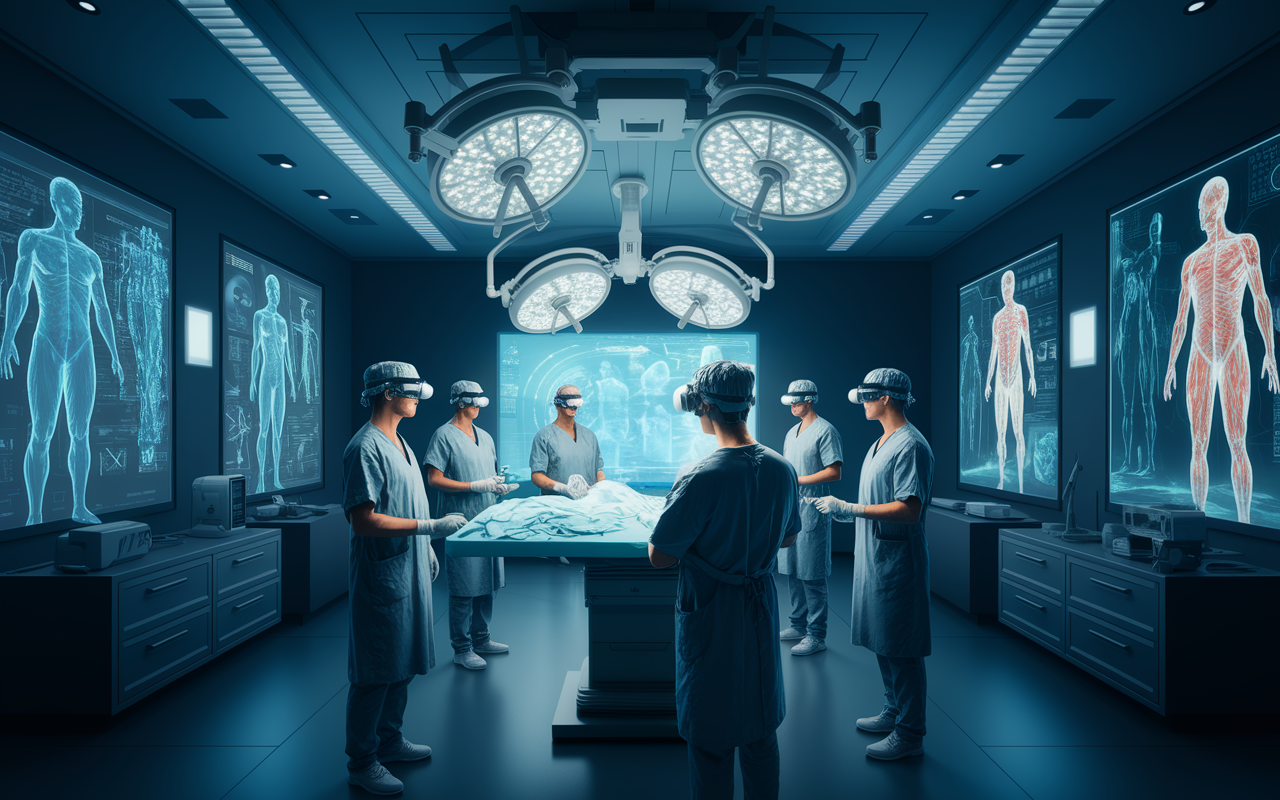 A futuristic vision of a surgical team using cutting-edge augmented reality tools, showcasing surgeons operating with advanced AR headsets and holographic displays in a fully digitalized surgical room. The room has ambient lighting, high-tech instrumentation, and sleek design elements emphasizing the integration of AR technology in surgery. Several projected holograms detail the patient's anatomy, with surgeons interacting seamlessly with the digital overlays, creating a collaborative and innovative atmosphere.