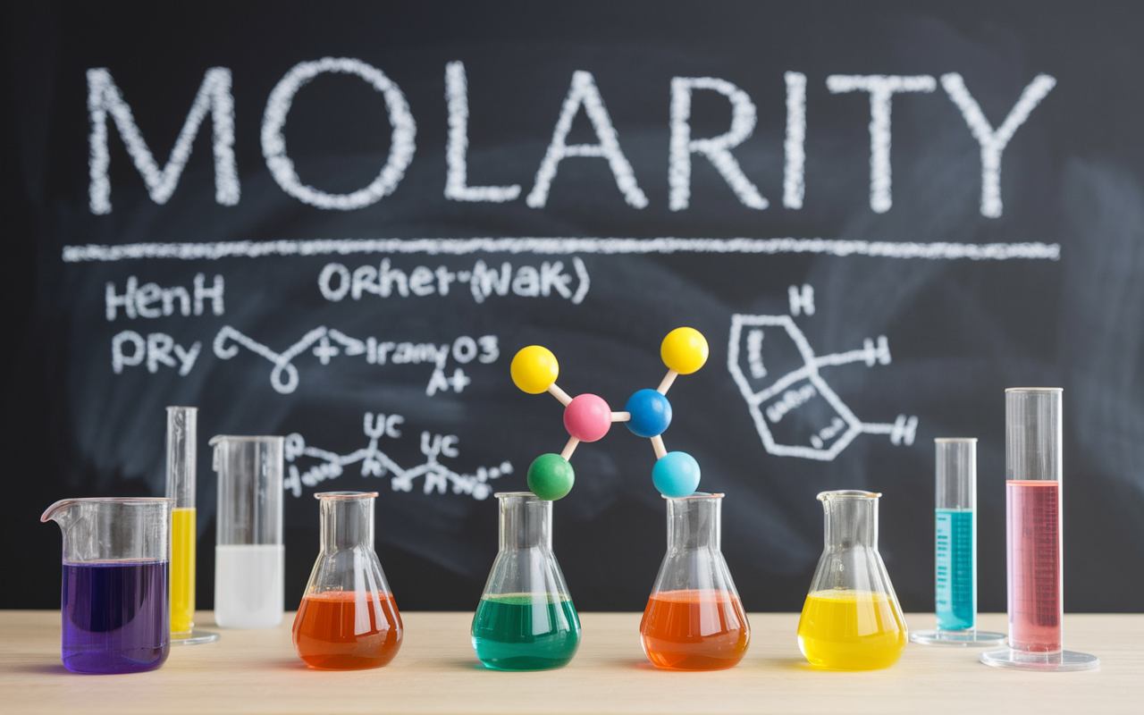 An artistic representation of the Molarity formula on a chalkboard, with colorful chemical equations and diagrams of beakers filled with colorful liquids. In the foreground, a conceptual molecular model made from balls and sticks, showcasing a vibrant chemistry lab setting.